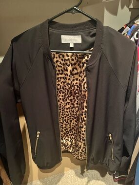 Black Bomber Jacket with Leopard Print lining - size L